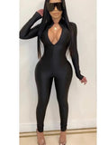 Shiny front zipper stretch jumpsuit