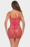 RHINESTONE MESH SLEEVELESS BODYCON DRESS- RED