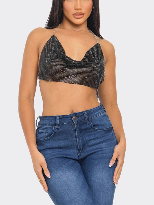 SPARKLY RHINESTONE HALTER NECK CROP TOP. One size fits all