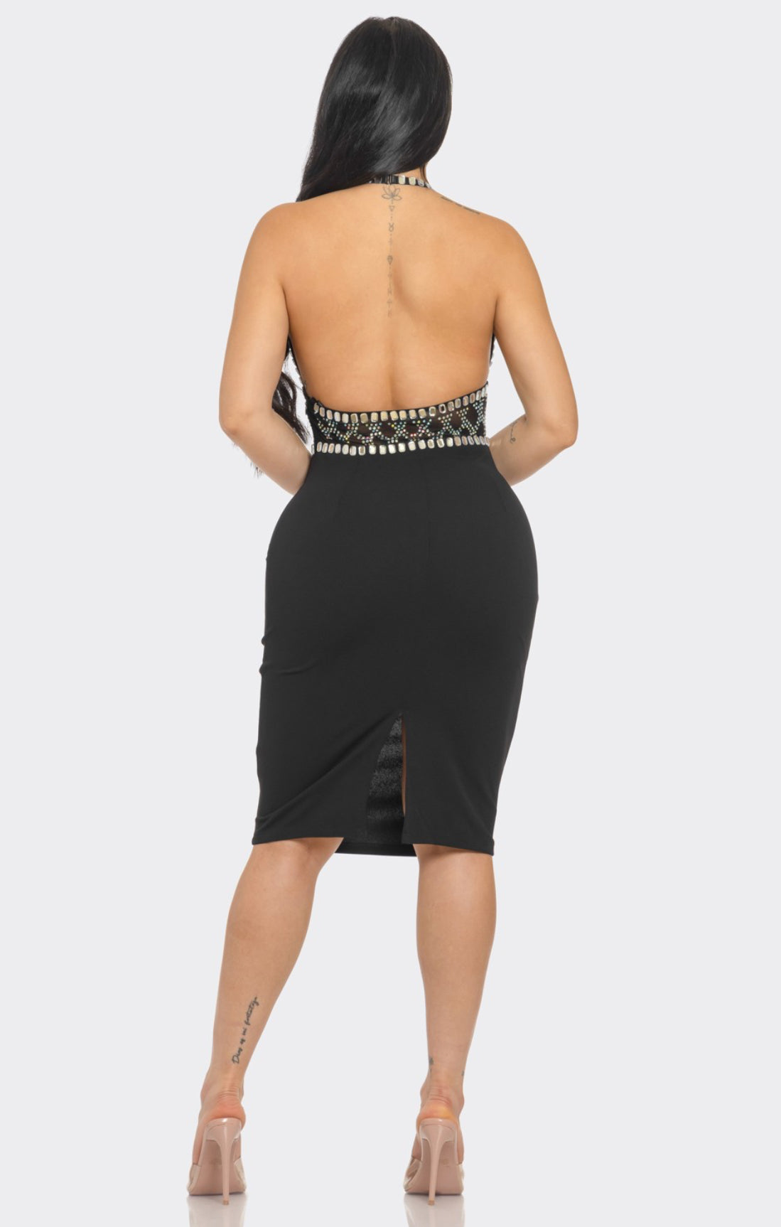 JEWEL STUDDED LACE BODYCON MIDI DRESS