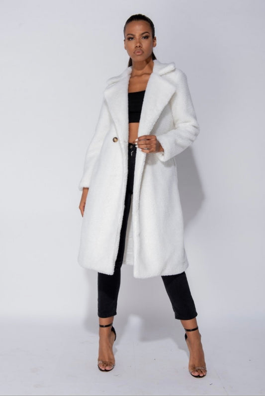 Women Off White Longline Fur Teddy Coat
