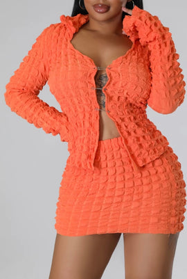 BUBBLE TEXTURED TOP AND SKIRT SET - Orange