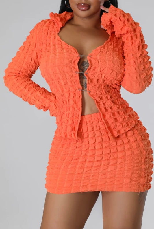 BUBBLE TEXTURED TOP AND SKIRT SET - Orange