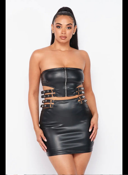 Women’s Strap PU Crop Tube Top and Skirt Set