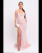 Women’s Magestic Premium Blush Pink Holographic Strappy Ruched Drawstring Slit Plunge Sequin Maxi Dress