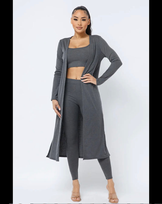 Cami Top Leggings Side Slits Duster 3 Pieces Set