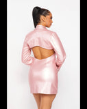 Women’s Pink Faux Leather Open Back Mini Dress