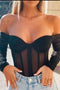 Woman Black Bustier Long Sleeve Mesh Bodysuit