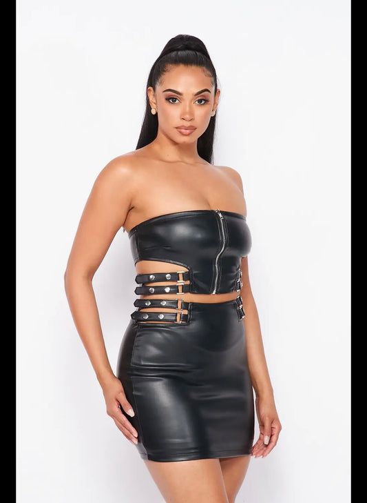 Women’s Strap PU Crop Tube Top and Skirt Set