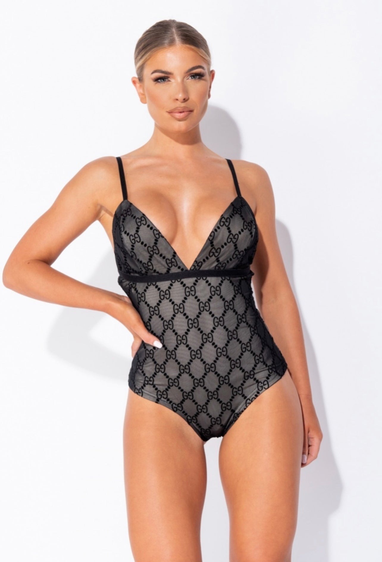 Women Black Mesh Logo Strappy Bodysuit