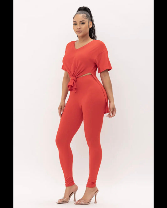 V-Neck Side Slits Basic Top And Leggings Set- Red