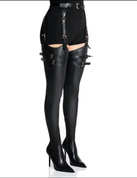 Women’s Black Leather Belted Thigh High Boots