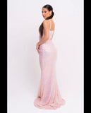 Women’s Magestic Premium Blush Pink Holographic Strappy Ruched Drawstring Slit Plunge Sequin Maxi Dress