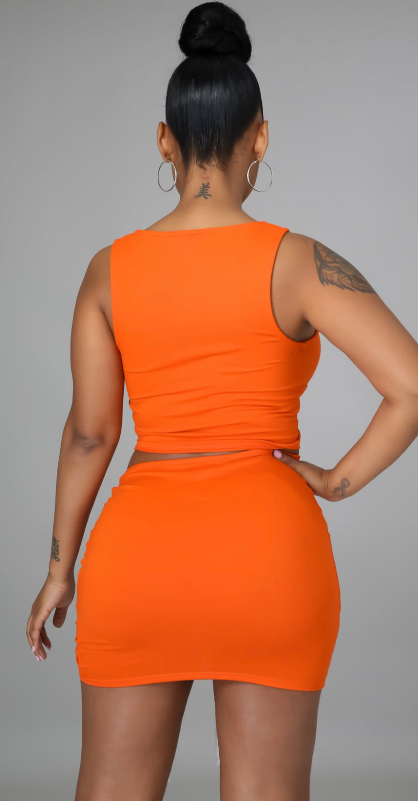 LACE UP DETAIL CROP TOP AND SKIRT SET - Orange