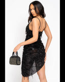 Women’s Feeling Flirty Black Sequin Fluffy Tassel Fringe Asymmetric Strappy Dress