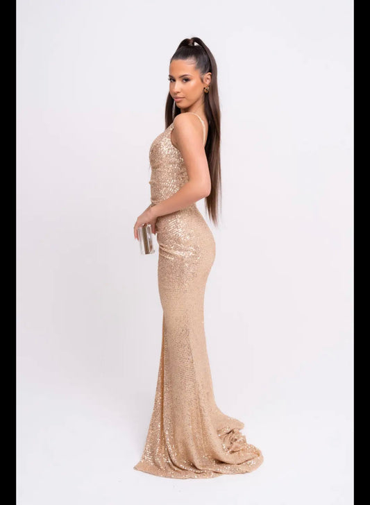 Magestic Premium Gold Holographic Strappy Ruched Drawstring Slit Plunge Sequin Maxi Dress