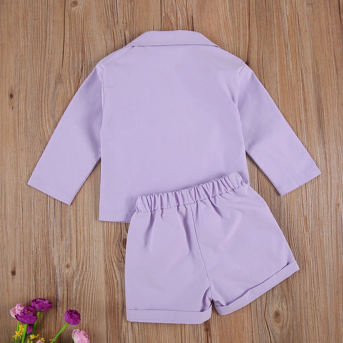 Purple Trendy Blazer Set Long Sleeve Coats Tops+Shorts Kids