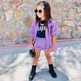 Purple Trendy Blazer Set Long Sleeve Coats Tops+Shorts Kids