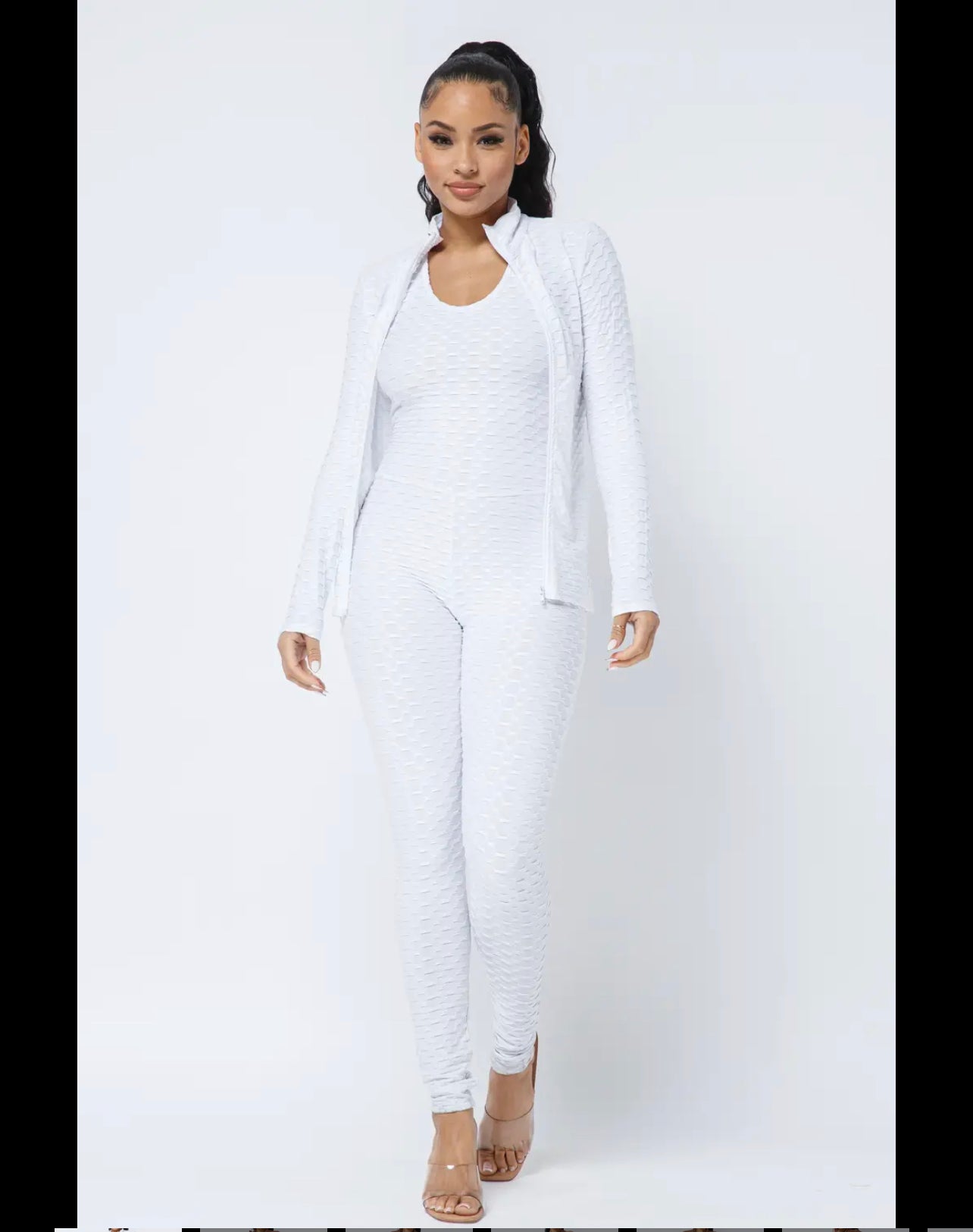 Honeycomb Cross Back White Jumpsuit And Zipper Jacket Set