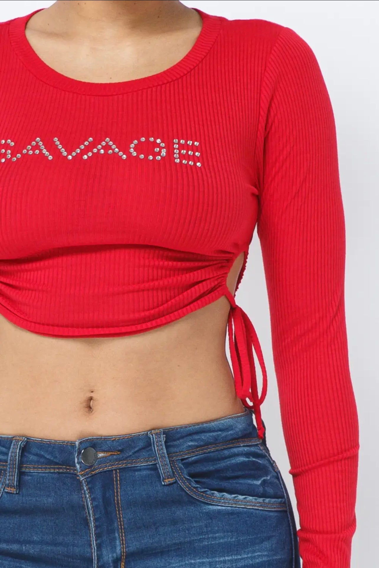 Rib Open Side Tie SAVAGE Rhinestone Crop Top