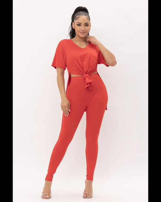 V-Neck Side Slits Basic Top And Leggings Set- Red