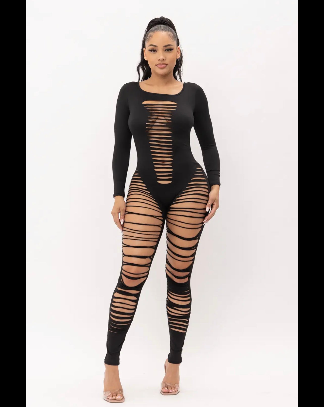 Front Laser Cut Open Back Long Sleeve Jumpsuit