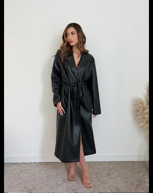 Women’s Faux Leather Long Coat - Black