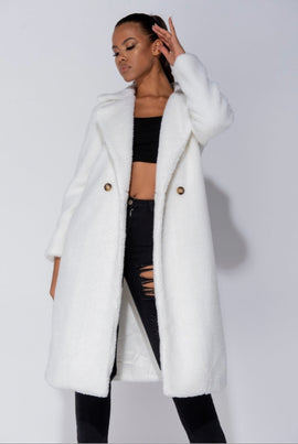 Women Off White Longline Fur Teddy Coat