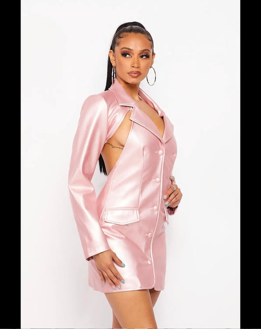 Women’s Pink Faux Leather Open Back Mini Dress