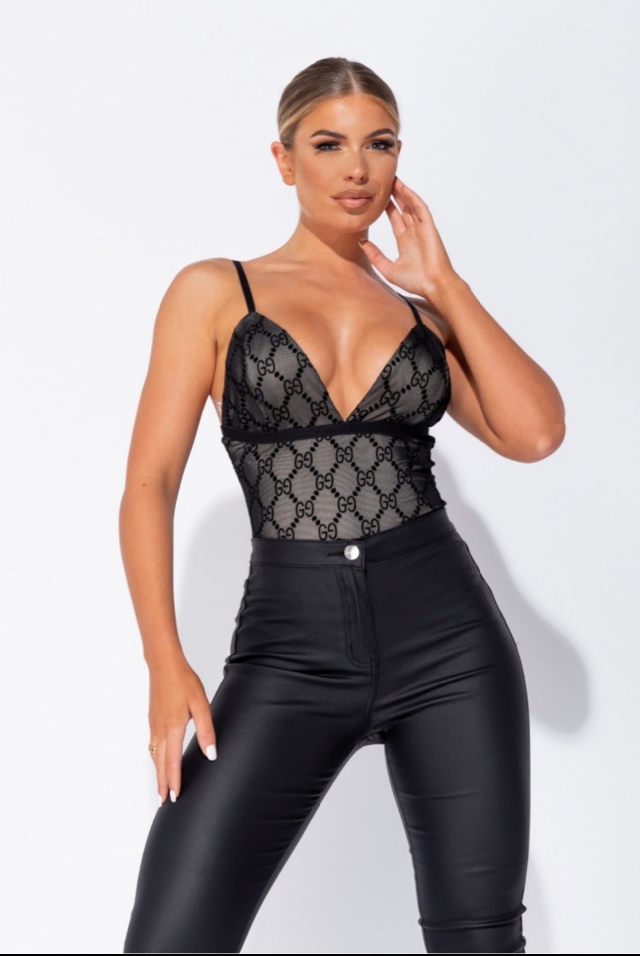 Women Black Mesh Logo Strappy Bodysuit