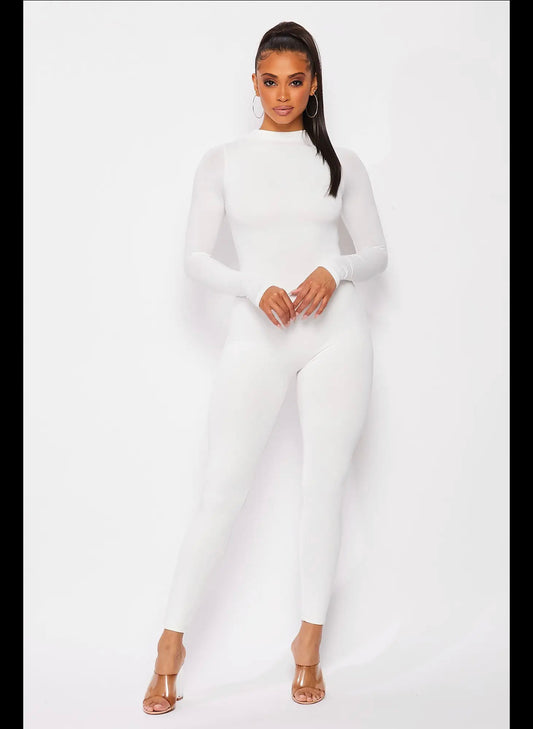 Women’s White Long Sleeve Double Layer Basic Solid Jumpsuit