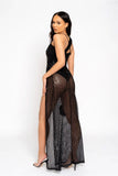 Women’s One Night Only Black Sequin Embellished Bodysuit Slit Evening Gown Party Dress