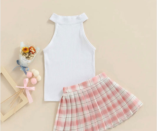 Top + Plaid Pleated Skirt Children Summer Baby Girls Clothes Set