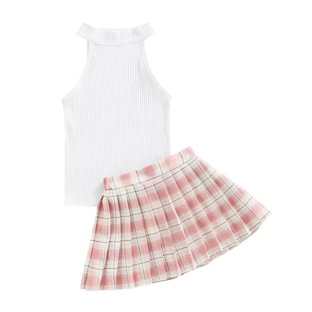 Top + Plaid Pleated Skirt Children Summer Baby Girls Clothes Set